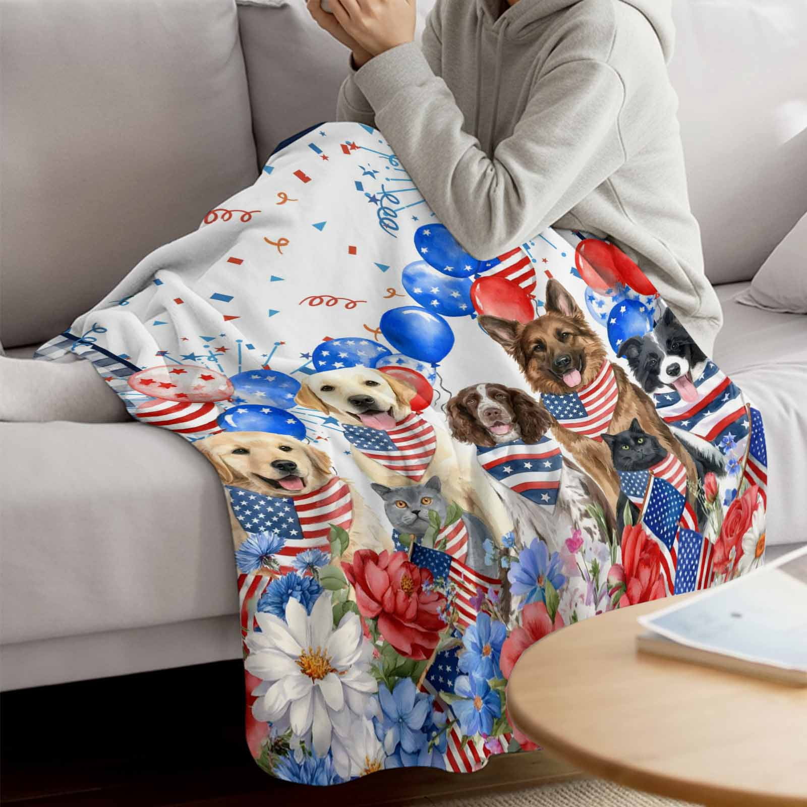 Independence Day Blanket Soft Cozy Warm Throw Blanket for Couch, Plush Fuzzy Flannel Fleece Blankets for Sofa, Red Blue Floral Dogs 4th of July Plaid Bed Blankets Lightweight Gifts for Women, 50"x60"