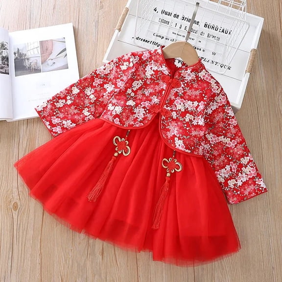 JUoaLXG Baby Girls Casual Dresses Kids Floral Embroidery Stank Long Sleeve Fairy Princess Tang Suit Dress Daily-Wear,Red,18-24 Months