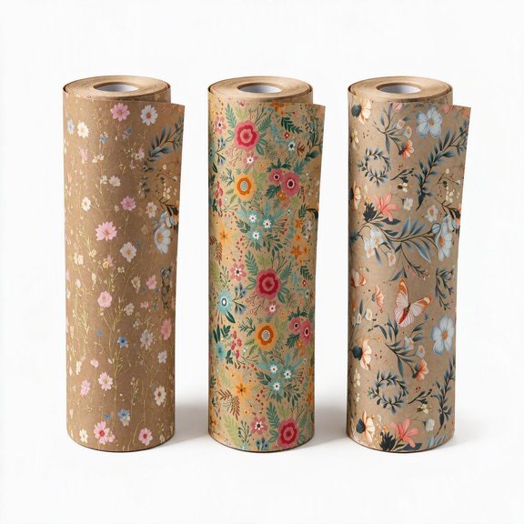 3 Rolls Floral Kraft Gift Wrapping Paper, Vintage Flower Print Wrap For Birthday, Holiday, Gift Giving And Handmade DIY Packaging Projects
