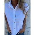 thumbnail image 4 of SCSAlgin Womens Button Down Shirts Short Cap Sleeve Summer Cotton Linen V Neck Collared Blouses Casual Tops, 4 of 7