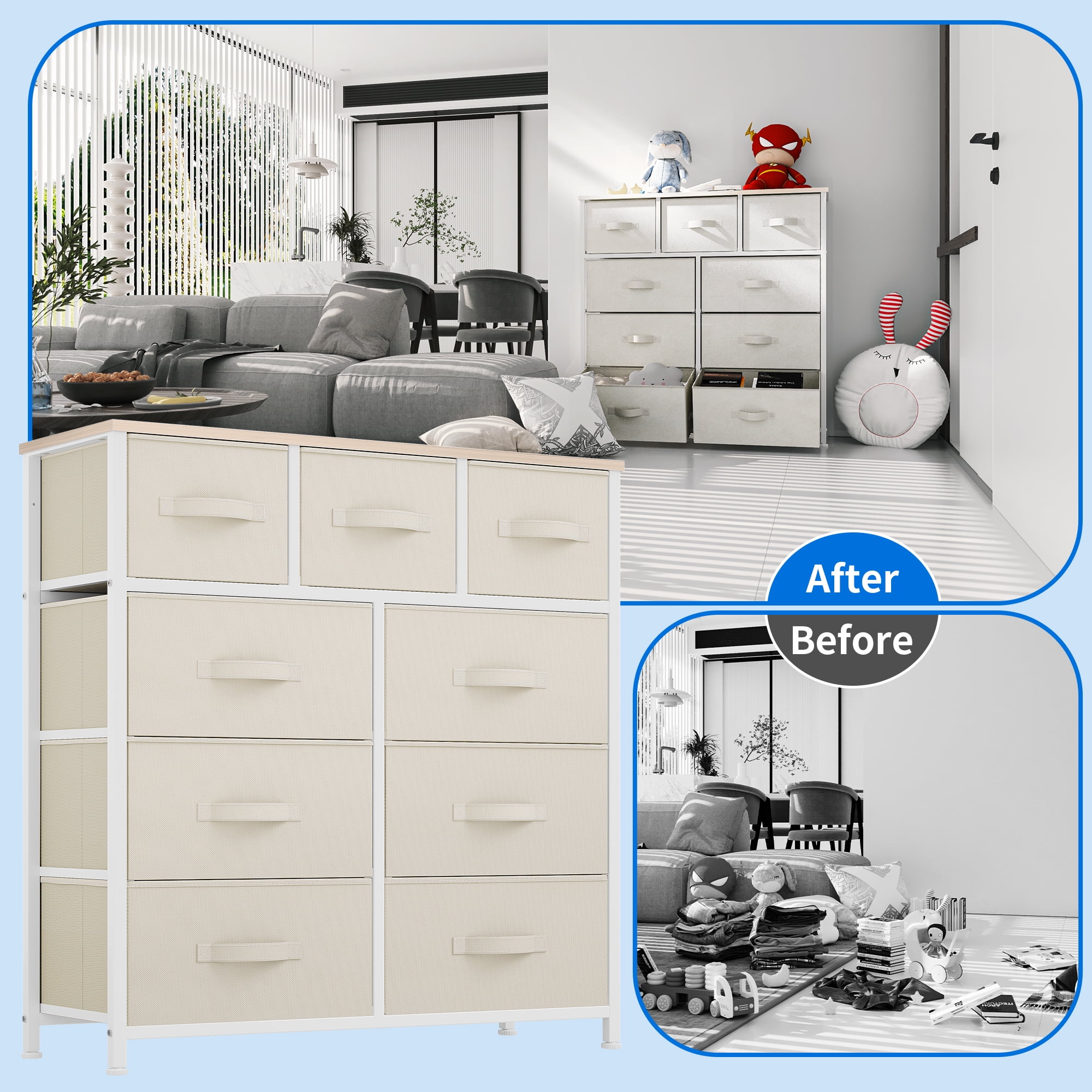 Uforic 9-Drawer Storage Dresser with Metal Frame & Wooden Top for and Living Room for Adults, White