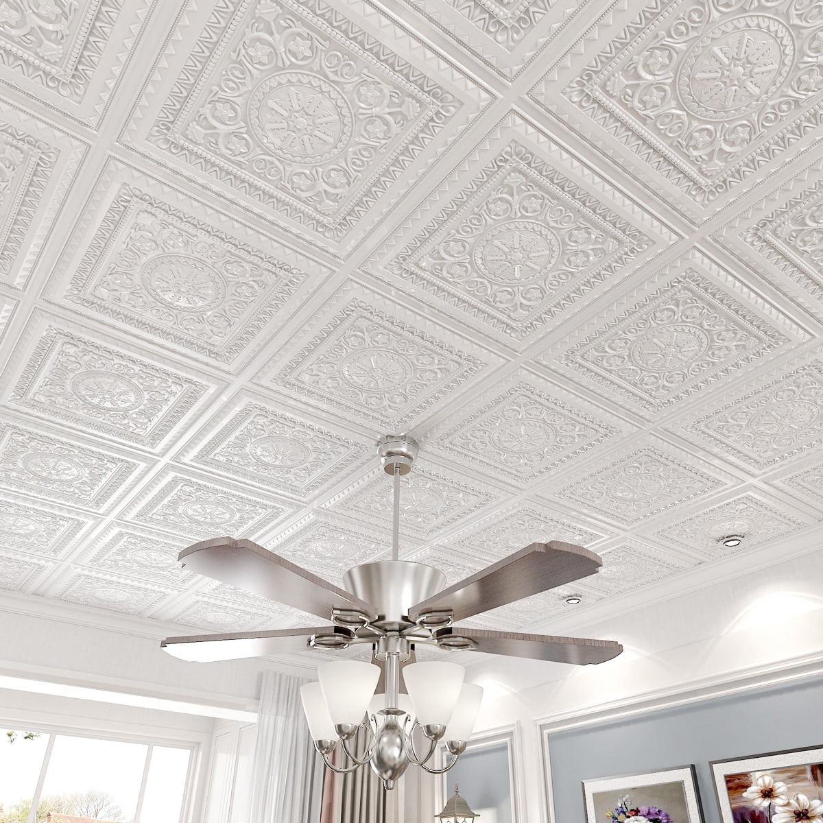 Art3d 2 ft.x 2 ft.Glue-up or Lay in Ceiling Tile PVC 3D Victorian Pattern Style in White(12-Pack)