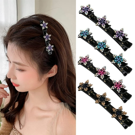 4PCS Sparkling Crystal Stone Braided Hair Clips for Women, Hair Clips for Braids, Satin Fabric Hair Bands with 3 Small Clips, Rhinestones Duckbill Hairpin Triple Barrette for Sectioning