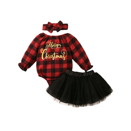 

Canrulo Newborn Baby Girls Christmas Clothes Set Printed Pattern Long Sleeve Romper Yarn Skirt Headdress Red Letters 0-3 Months