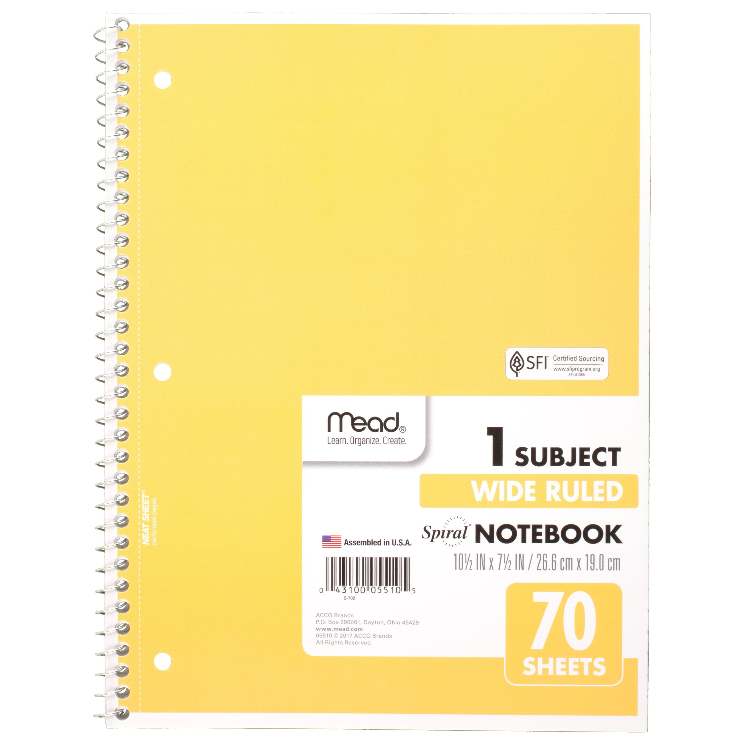 Mead Spiral Notebook 1 Subject Wide Ruled Paper, 100 Sheets, 10-1/2 x 8,  Black
