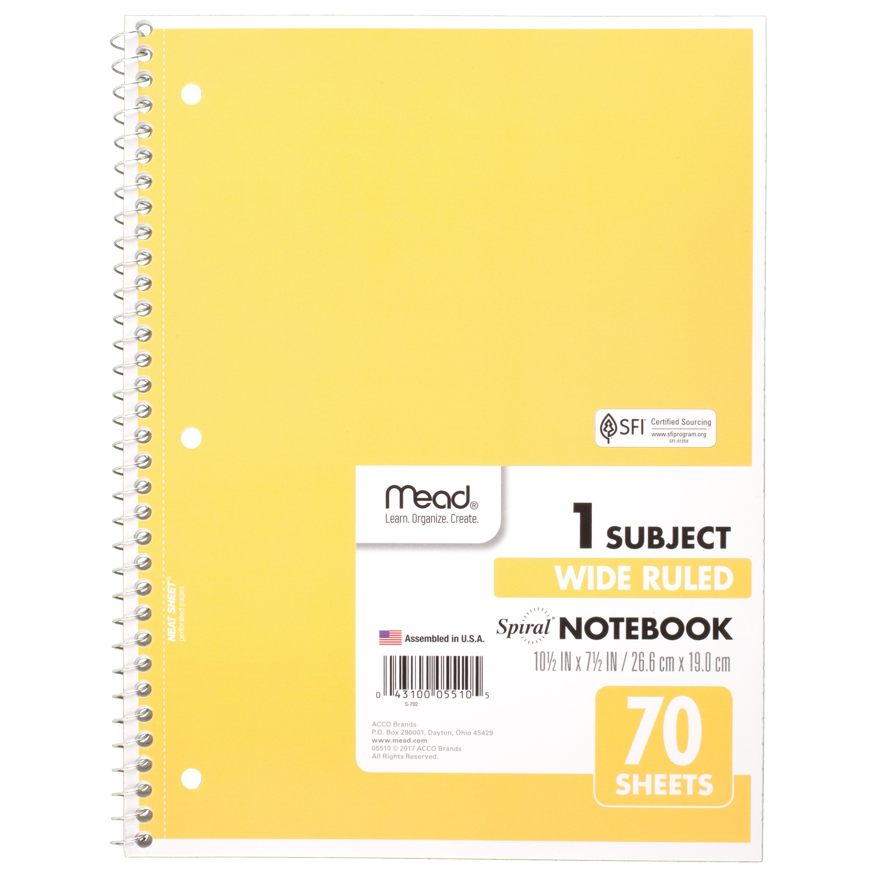 Mead Lined Spiral Notebook, 1 Subject, Wide Ruled, 70 Sheets