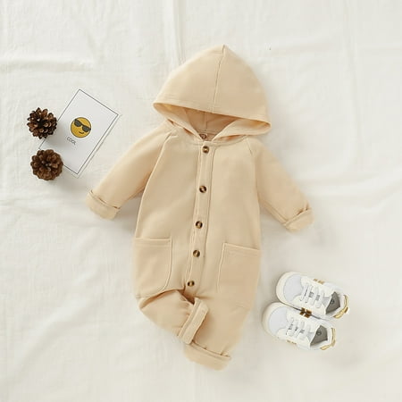 

Newborn Baby Long Sleeve Hooded Romper Kids Toddler Infant Boy Girl Autumn Winter Button Pocket Jumpsuit Outift Clothes