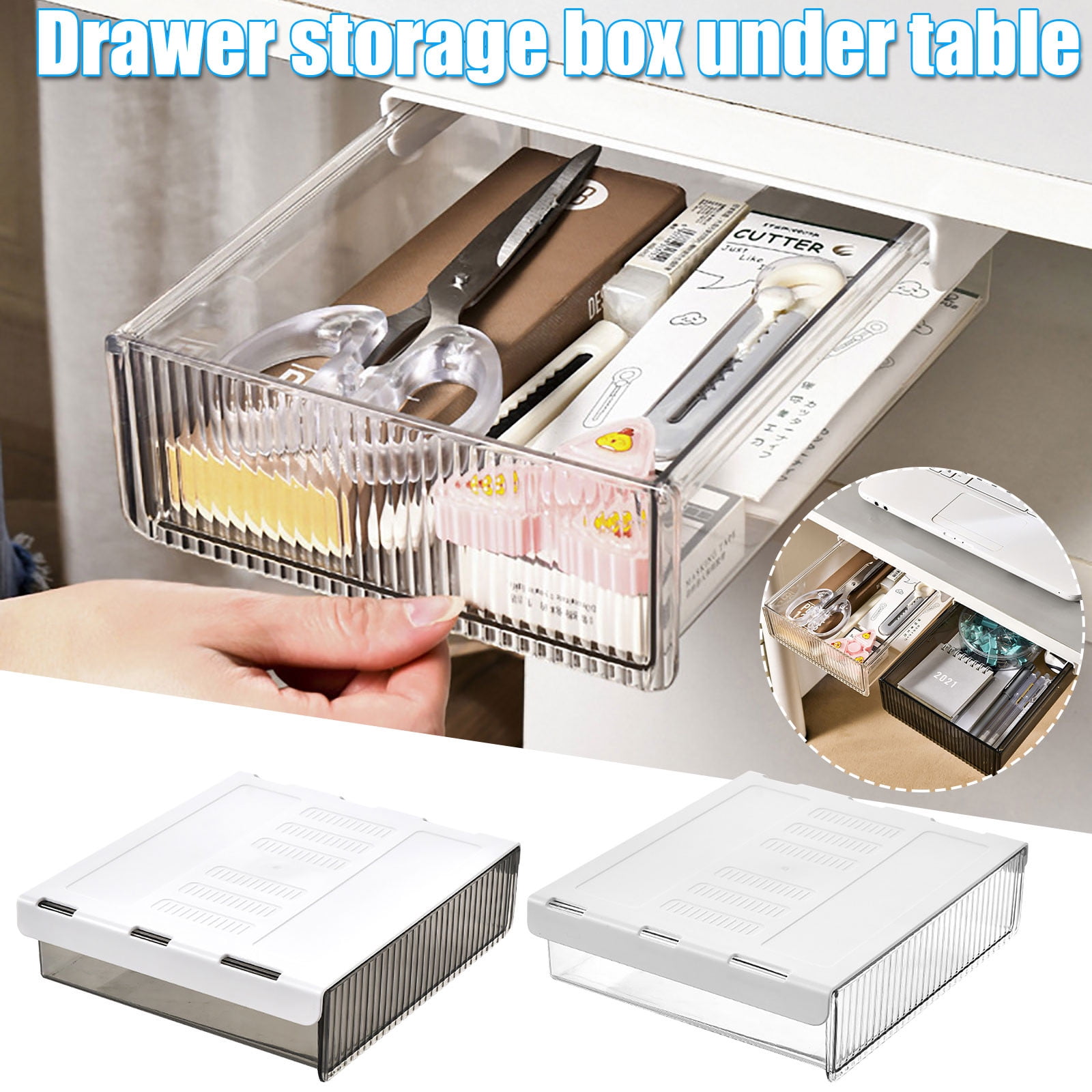 Wovilon Under Desk Drawer Organizer, Self-Adhesive Under Desk Storage Slide Out Drawer, Hidden Attachment Plastic Workspace Organizers For Office Home Stationery