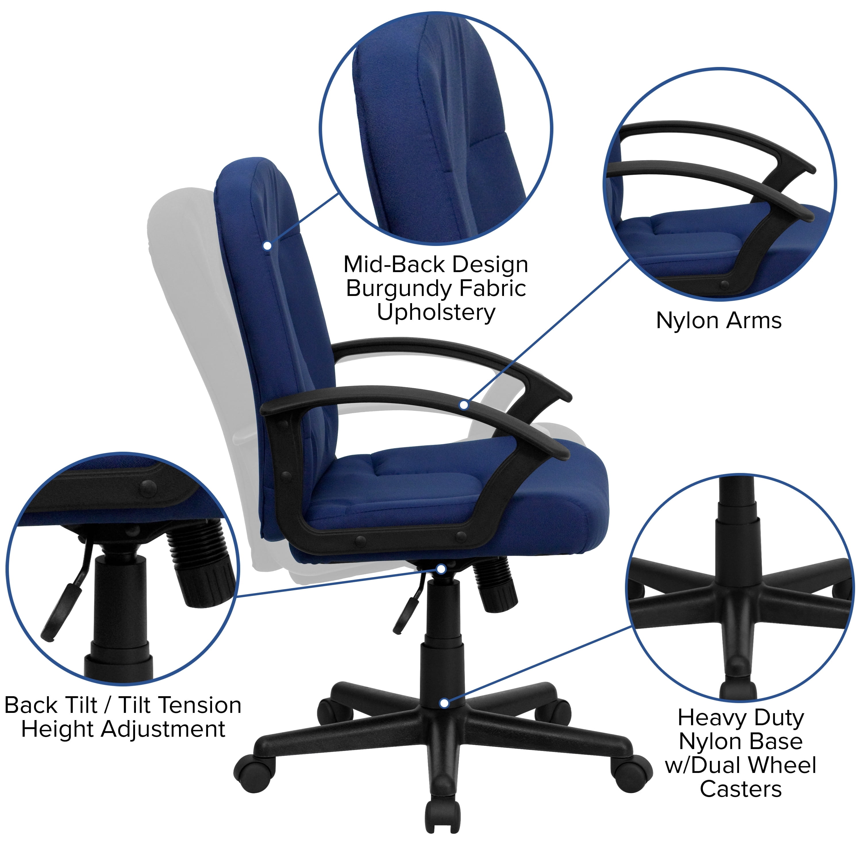 Emma + Oliver Mid-Back Navy Fabric Executive Swivel Office Chair with Nylon Arms