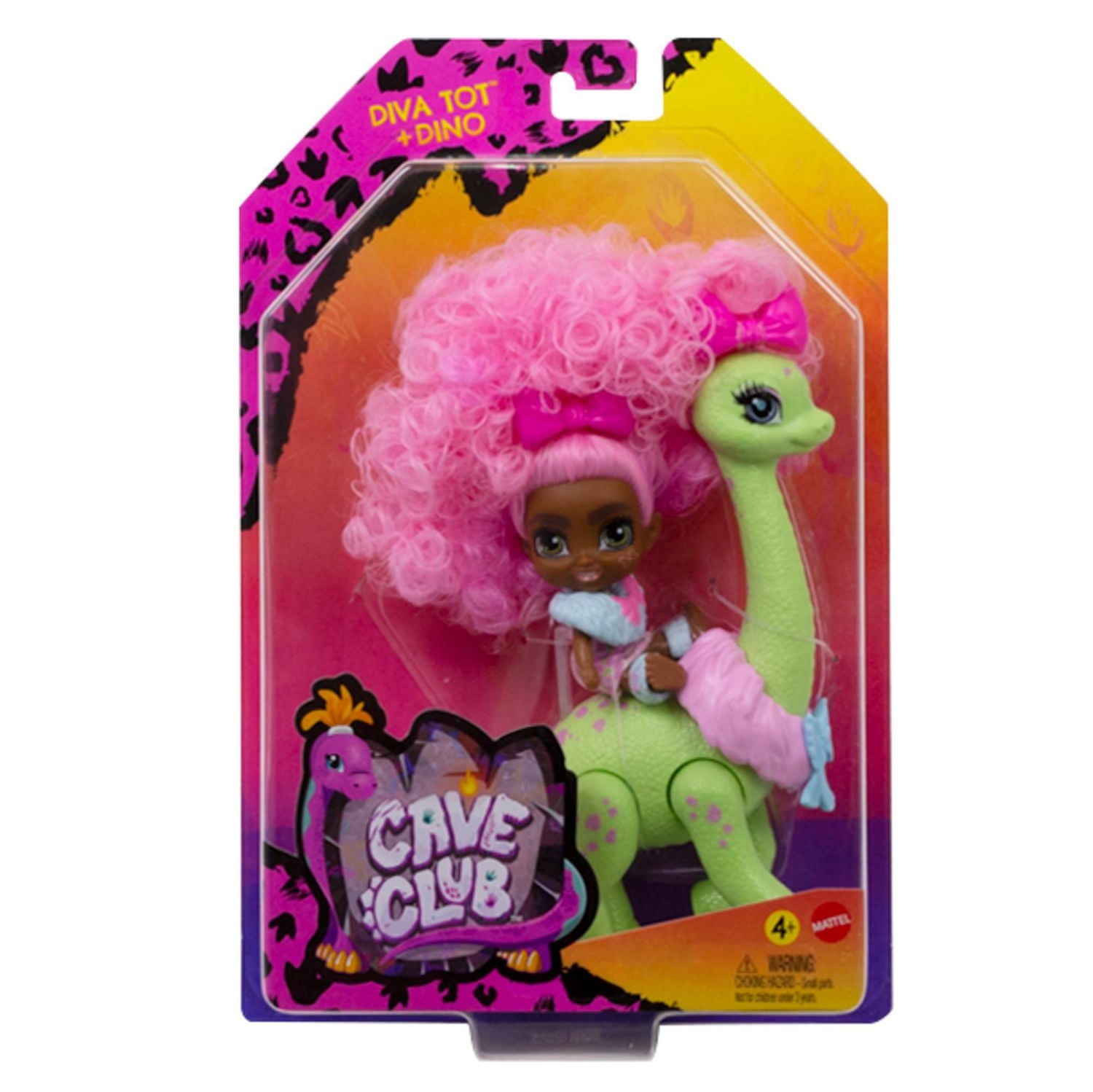 Poupée Bébé Diva Cave Club d’environ 8 cm avec cheveux frisés roses, tenue, accessoires et figurine dinosaure, cadeau à partir de 4 ans