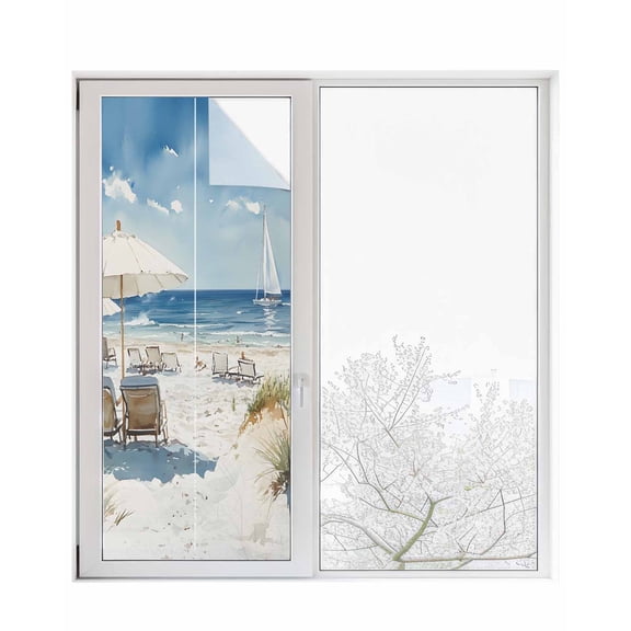 Window Privacy Film Coastal Beach Wave Stained Glass Window Film Decorative Sun Block Window Cover Summer Ocean Abstract Oil Painting Art Window Clings Static Sticker for Bathroom 29.5"x78.7"