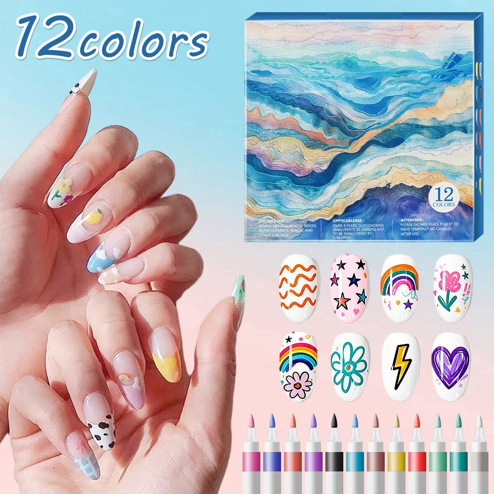 WEGFTDUOP 12 Colors Nail Art Pens - Waterproof Acrylic Paint Markers Drying Nail Tools For DIY Patterns Precision Tip For Beginners And Professionals 12ml
