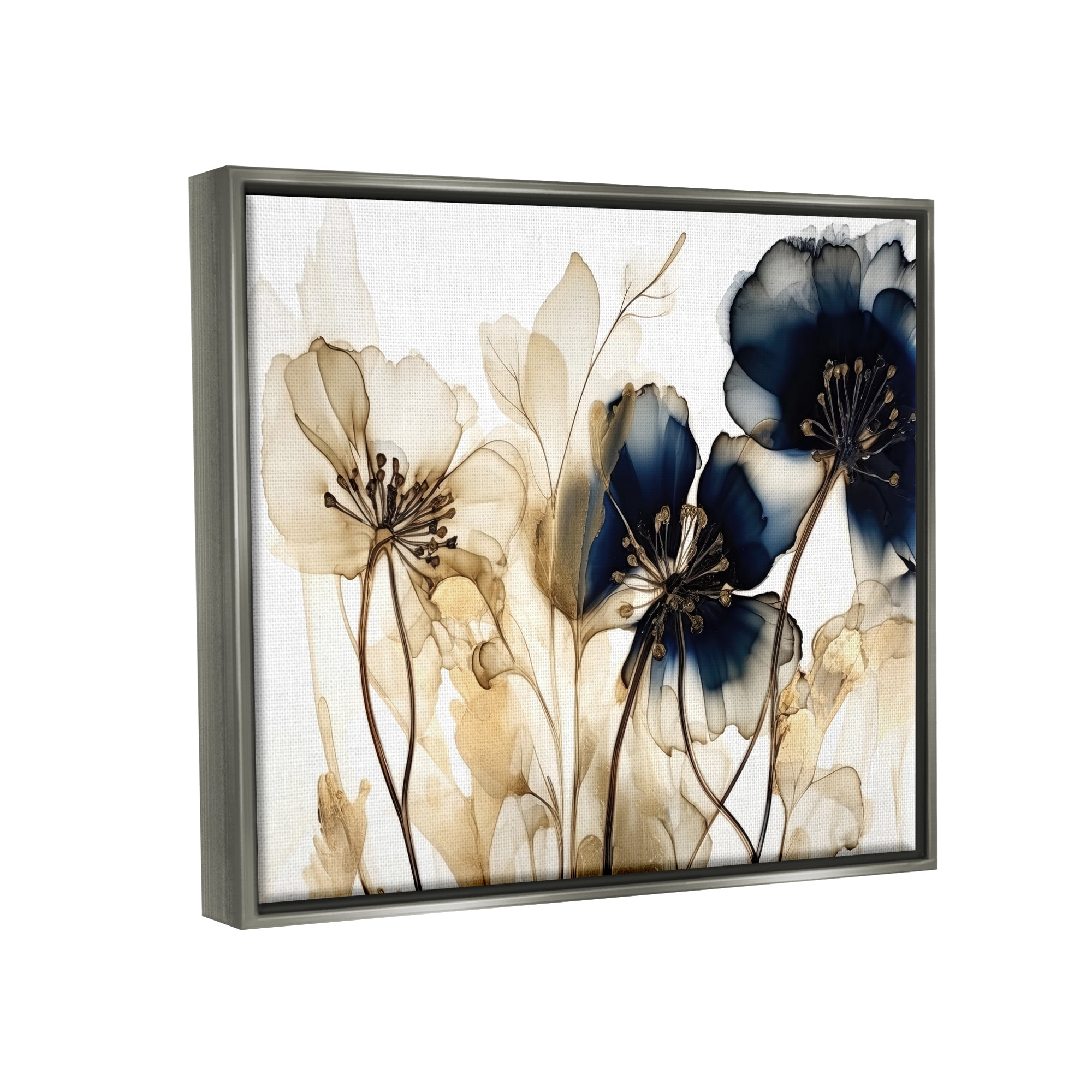 Stupell Industries Navy & Gold Flowers Botanical & Floral Painting Gray Floater Framed Art Print Wall Art, 21 x 17