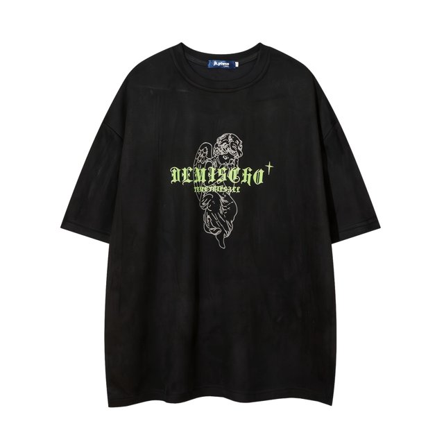 American Retro Deer Velvet Heavyweight Short Sleeve T-shirt Men's Fashion Brand Angel Cross Print Top
