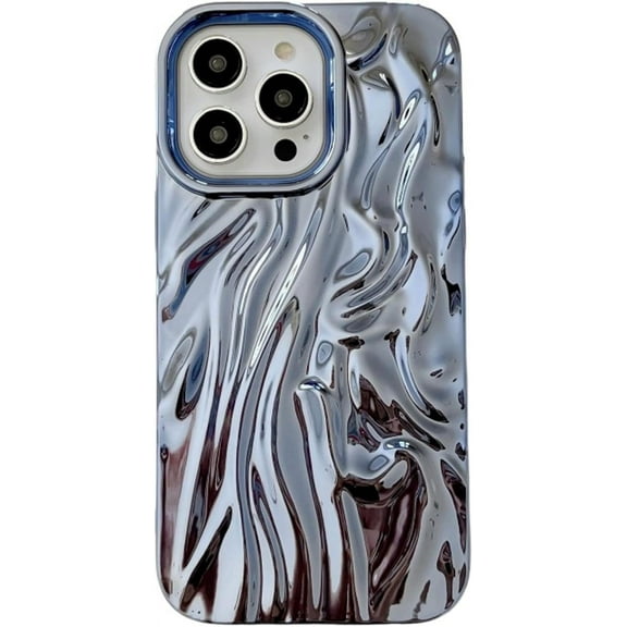 Chrome Case for Women/Girls, 3D Pleated Water Ripple Solid Color Soft Phone Case Compatible with iPhone 15, Blue