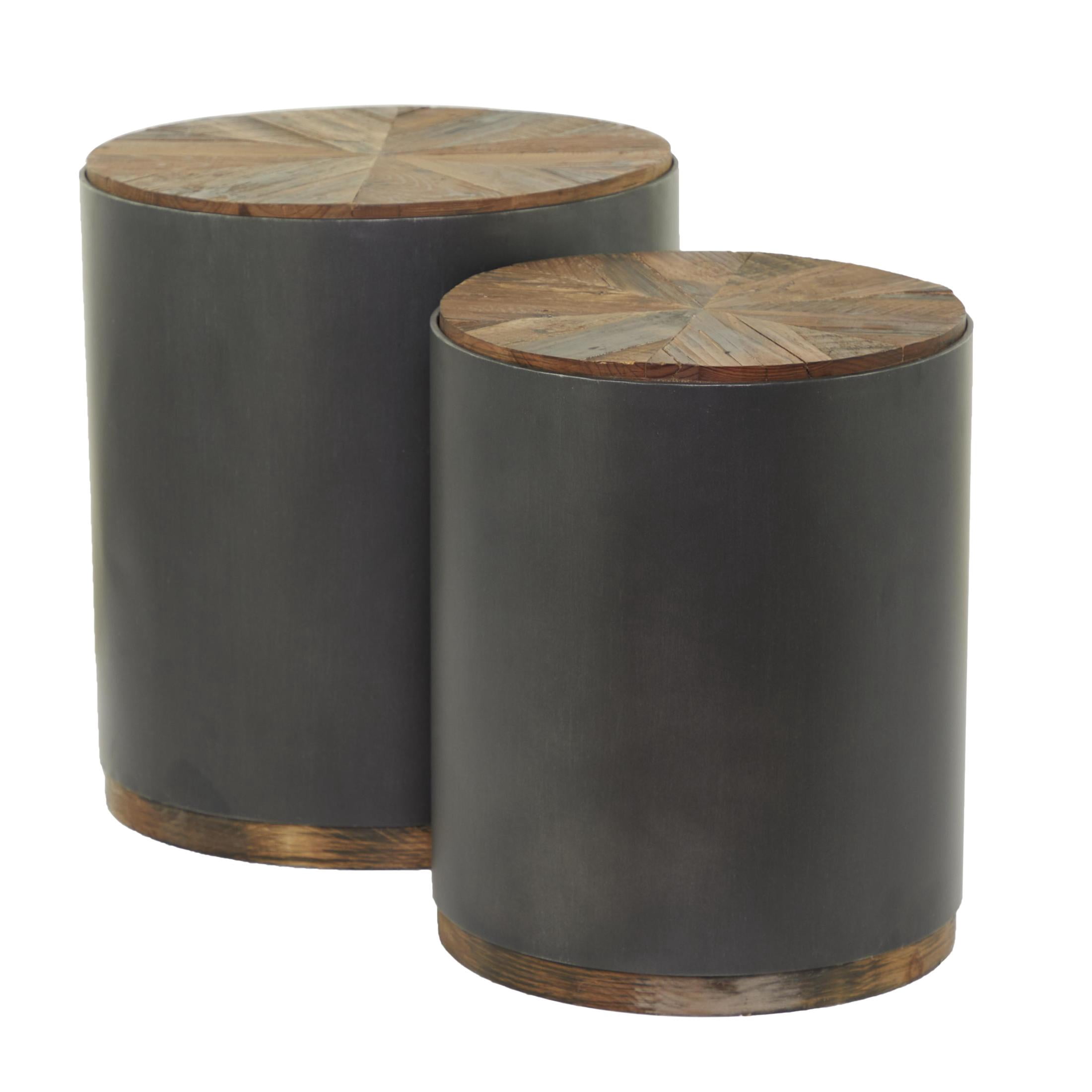 DecMode 19" x 21" Black Metal Drum Accent Table with Brown Wood Top, 2-Pieces