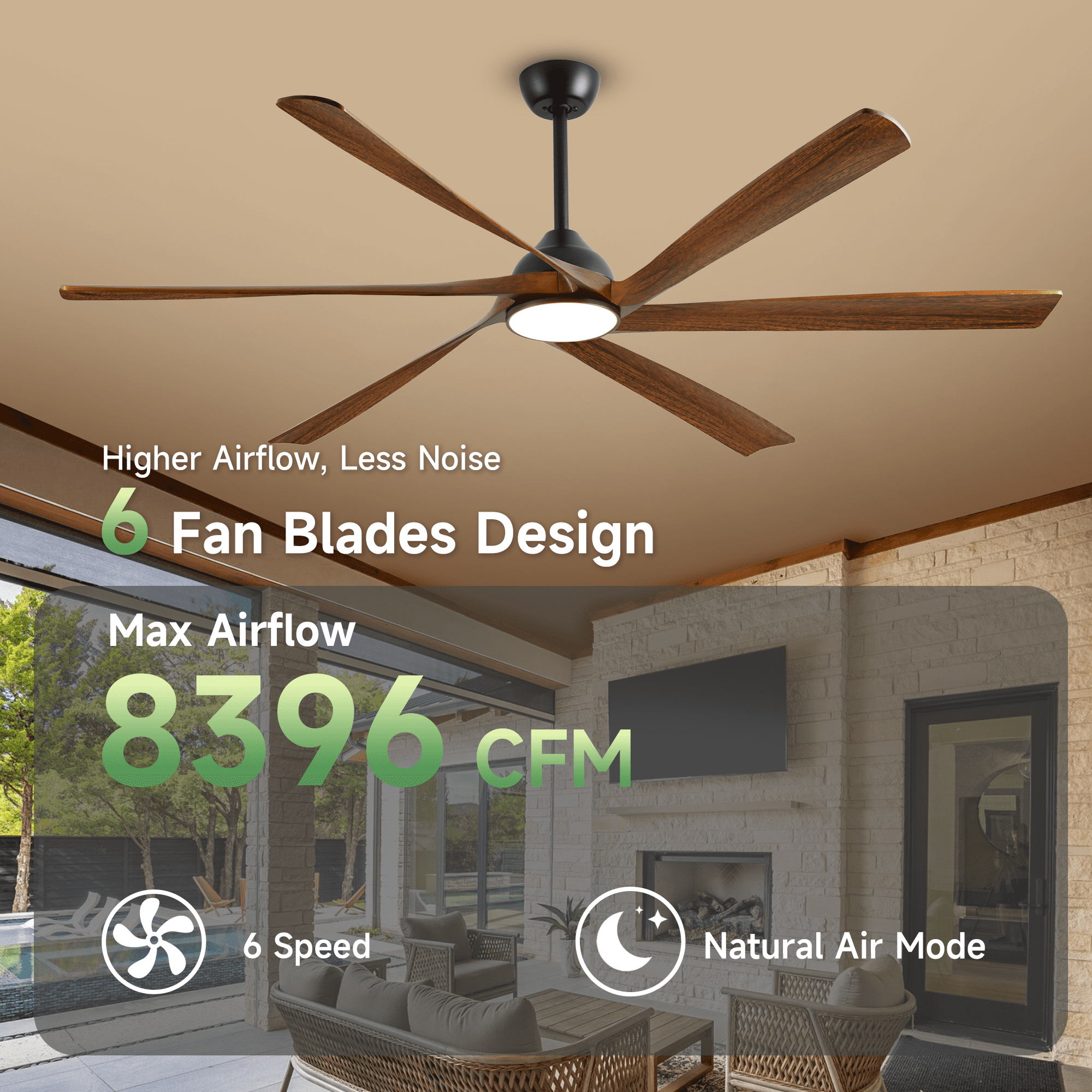 60 inch Smart Ceiling Fan with Light and Remote, Large 6 Blades Wood Ceiling Fan with Voice/App Control, Indoor Outdoor Fans for Patios Porches Bedroom Kitchen