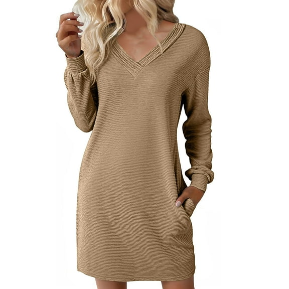 Mini Dress for Women Long Sleeve V Neck Solid Color Pullover A Line Sweatshirt Dress with Pockets Khaki XL