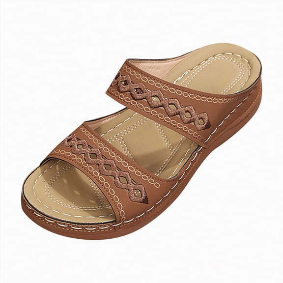 Linfrsh Wonens Sandals Womens Wedge Sandals Leather: Dressy Sandal, Rubber Sole, Comfortable Walking, Casual Slip on Summer Shoes(Brown,Size7)
