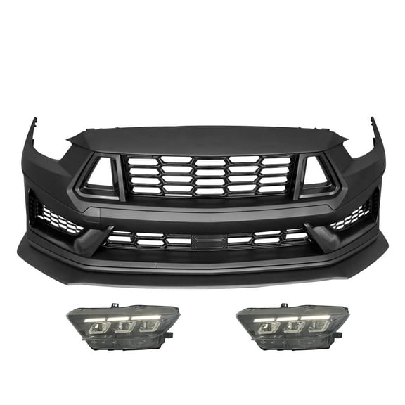 Ikon Motorsports Front Bumper Covers Compatible with 2015-2017 Ford Mustang V6 EcoBoost GT 2024  Dark Horse Handling Package Style Unpainted PP Bumper Conversion Bodykit With LED Headlights