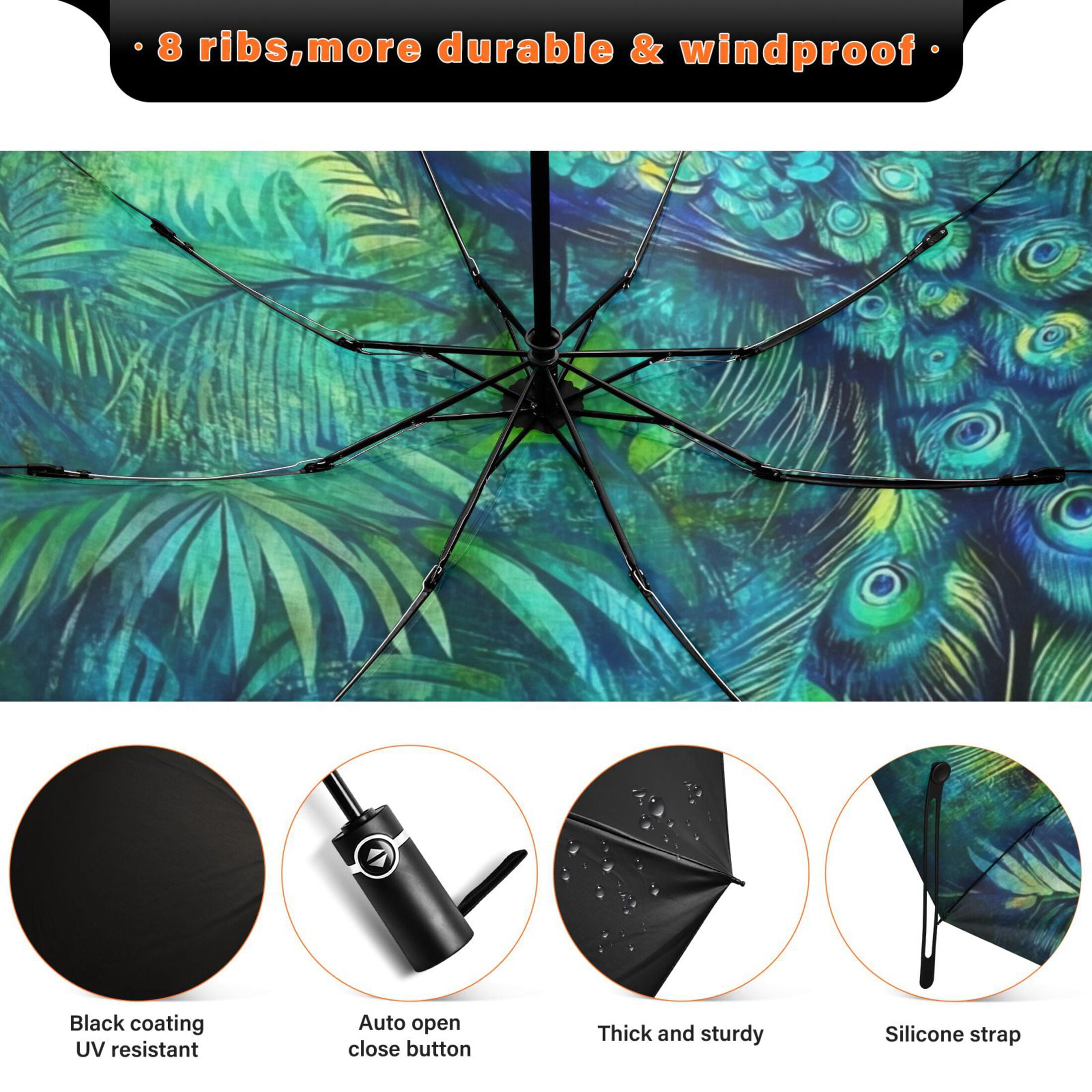 Elegant Peacock in Green Extra Large Automatic Umbrella, UV Protection, Waterproof, Auto Open and Close