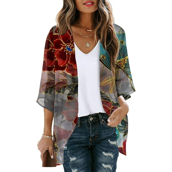 Fall Saving Clearance AXXD Womens Cover Ups Floral Print Puff Sleeve Kimono Cardigan Loose Chiffon Cover Up Tops