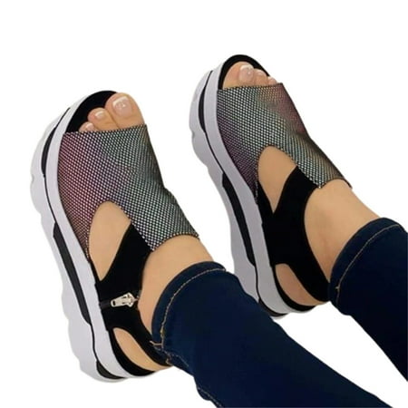 

Woman Chunky Platform Sandals Peep Toe Slip-on Shoes PU Made for Daily Casual