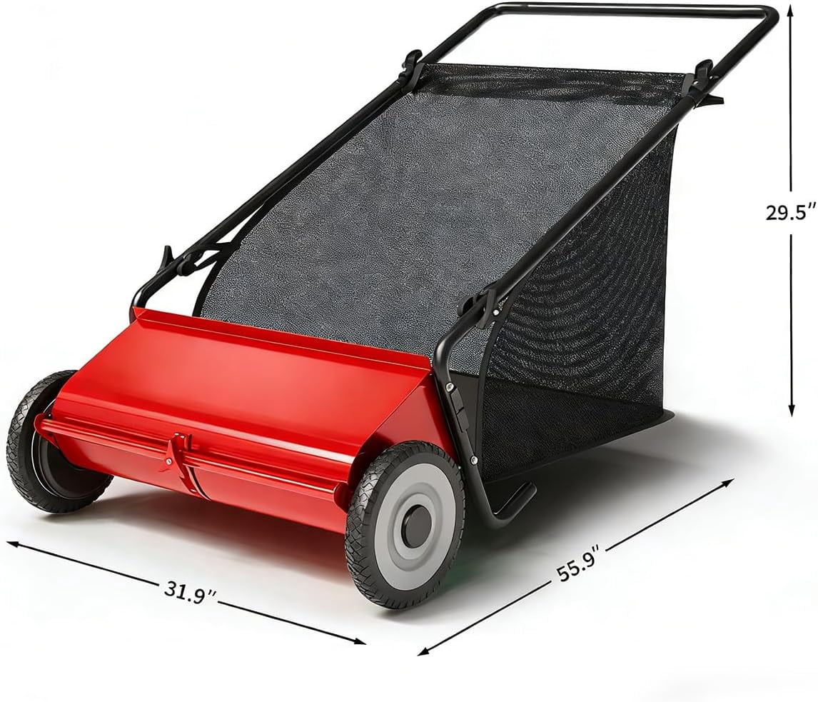 26 in Heavy Duty Push Lawn Sweeper with 4 Fast Spinning Brushes - Lawn Sweeper for Leaf and Grass Collector, Yard Cleanup - Leaf Picker Upper Machine r