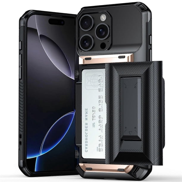 For iPhone 16 Pro Max Case TPU + PC Armor Shockproof Phone Cover with Card Holder - Black