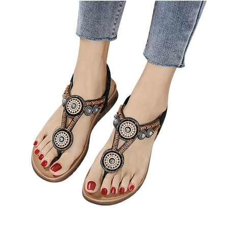 

LoyisViDion Women’S Sandals Clearance Summer Sandals for Women Flat Slip On Sandals Crystal Roman Shoes Open Toe Casual Sandals Rollback Black 6