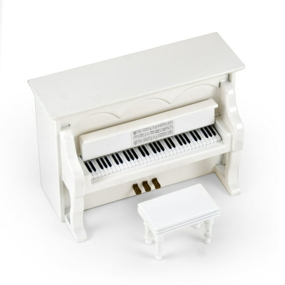 Miniature 18 Note Musical Hi-Gloss White Upright Piano with Bench - It's A Small World After All
