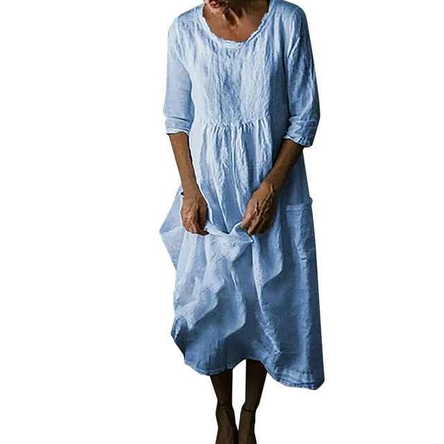 Yuyuzo Women Cute Long Dress 3/4 Sleeve Crew Neck Ruched Ruffle Loose Midi Dresses with Pockets Solid Color