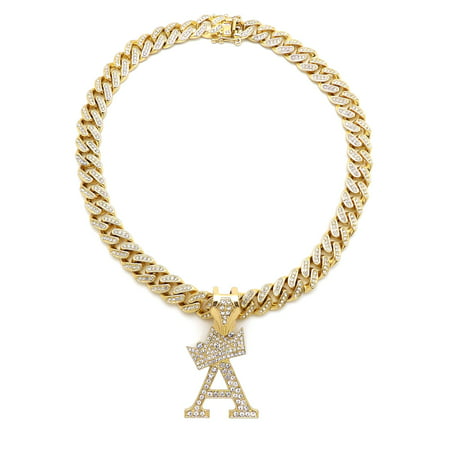 Hip Hop Fashion Crown Initial A-Z Personalized Necklace with Gold Tone Box Lock Cuban Chain, 18"