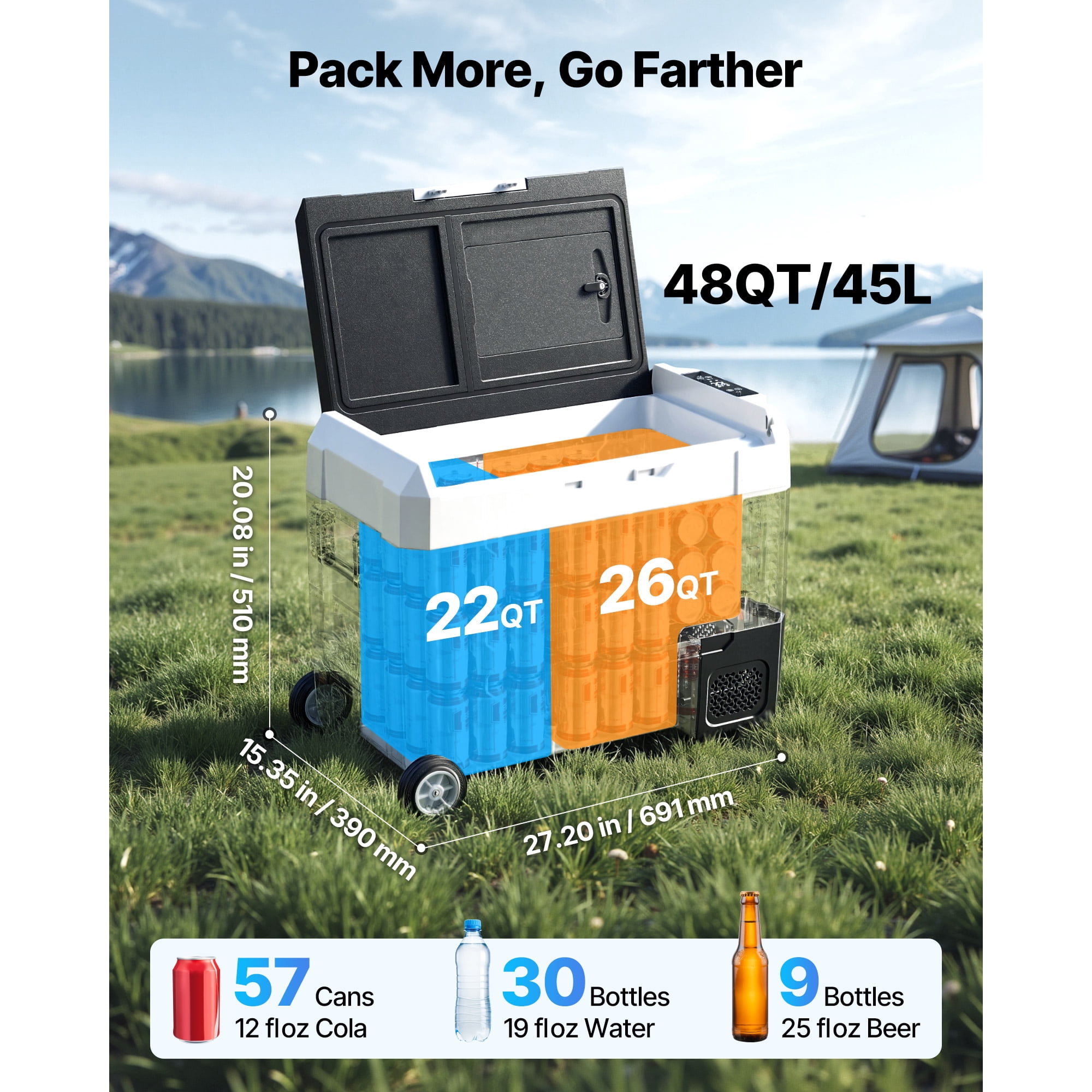 KFFKFF Portable Car Refrigerator, DC 12/24V AC100-240V Compressor Cooler, -4°F to 68°F Vehicle Fridge with App Control, Wheels & Dual Zone, 48 QT Cooler for RVs, Boats, Camping, and Fishing
