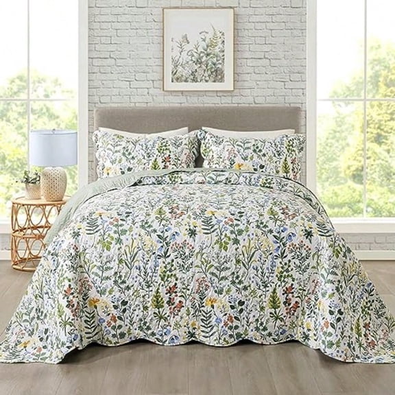 3Piece Quilt Set Quilted Bedspread Lightweight Coverlet Set Garden Style Floral Printed Oversized Quilted Bedding Set With Shams For All Season Exquisite Queen Size
