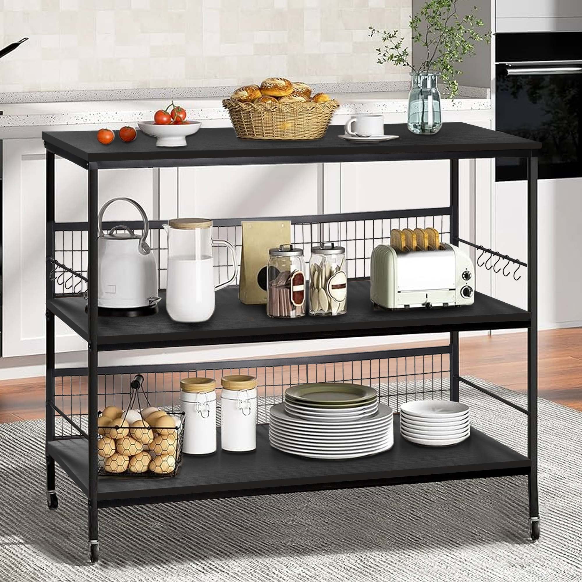 40" Rolling Kitchen Cart Island with Wheels and Storage Shelves, Copedvic 3-Tier Kitchen Bakers Rack Microwave Cart Oven Stand with 10 Hooks, Black