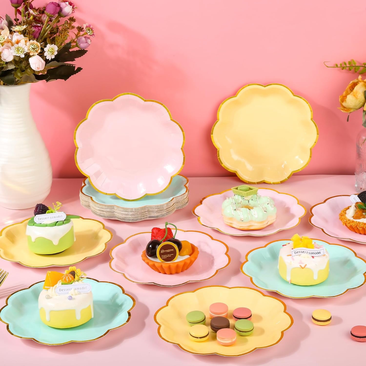 48 Pcs Pastel Scalloped Paper Plates 7 Inch Disposable Macaron Colorful Dessert Plates with Gold Edge Gradient Rainbow Party Supplies for Wedding Birthday Baby Shower Bridal Summer Decorations