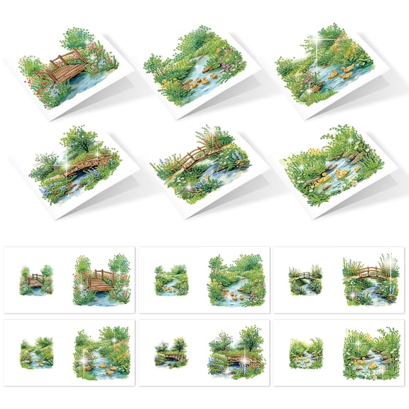 6pcs Diamond Painting Kit Greeting Cards, Green Stream and Grass Design 5D Handmade Art Birthday Holiday Cards with Envelopes, Christmas Gift