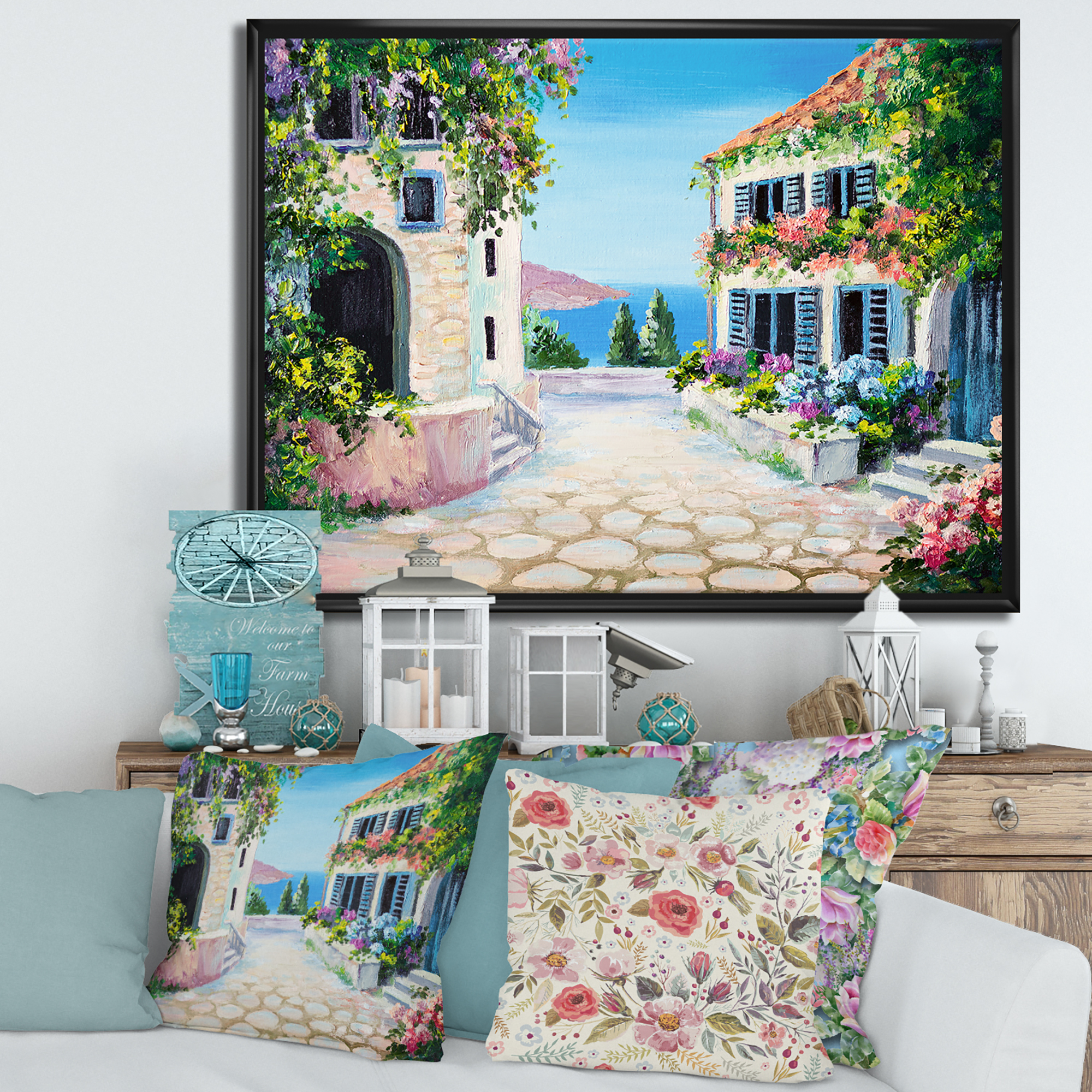 Designart 'Blossoming Flowers With White Houses With Near The Sea' Nautical & Coastal Framed Canvas Wall Art Print
