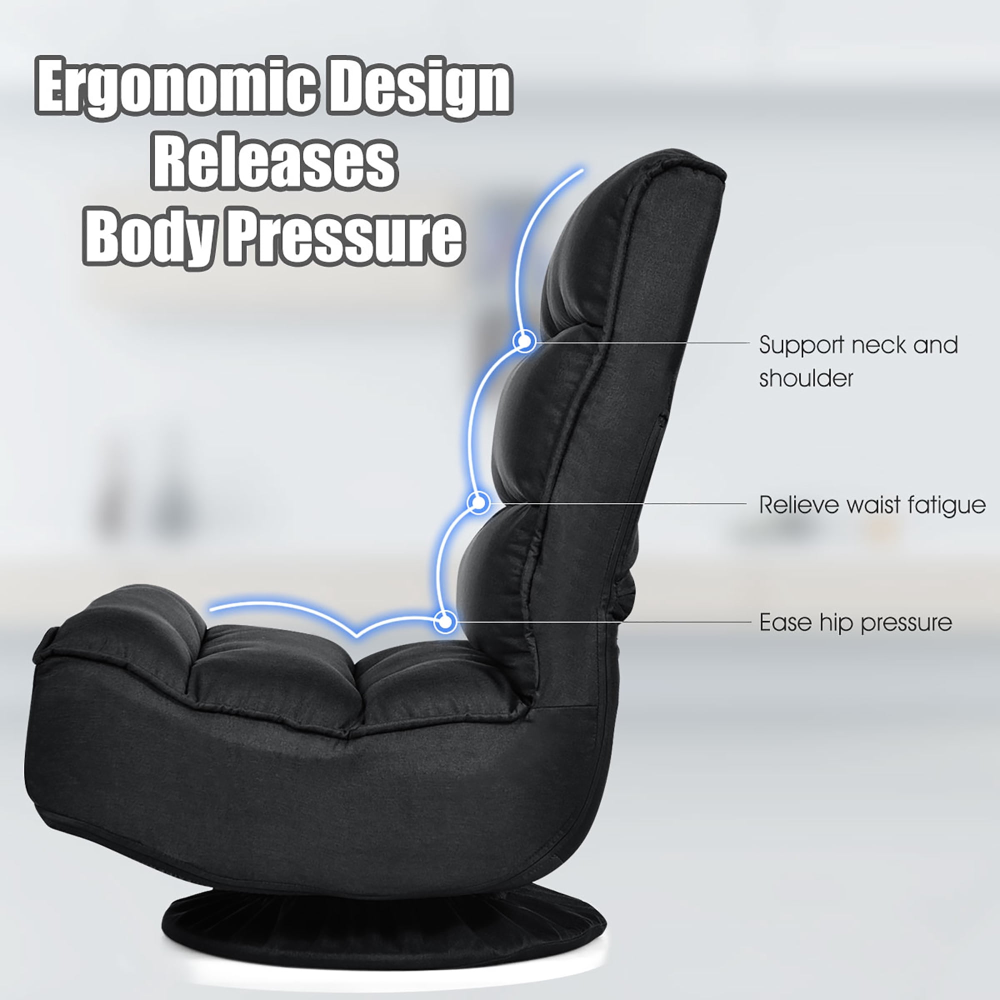 Costway Gaming Chair Fabric 6-Position Folding Lazy Sofa 360 Degree Swivel Black
