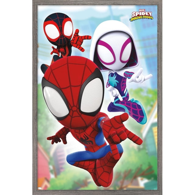 Marvel Spidey and His Amazing Friends - Affiche Murale en Toile Mettant en Vedette Trois Personnages Animés de Spider-Man dans des poses Dynamiques avec un Arrière-Plan de Paysage Urbain Flou, Encadrée de Bois Gris, Parfaite comme art Mural et Déco de Chambre, Mesurant 22,375 par 34 Pouces.