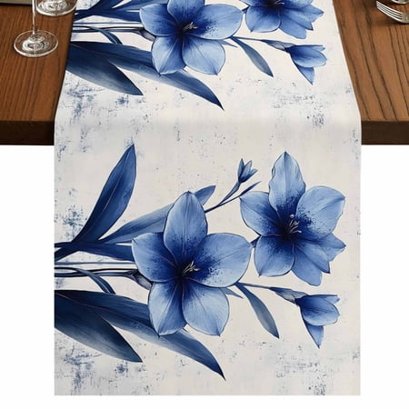 Blue Floral Spring 108 Inch Table Runner, Vintage Verdant Flower Patterns Farmhouse Dresser Scarf Cotton & Linen Tablerunner for Dining/Kitchen Island/Holiday Party Décor 13" x 108"