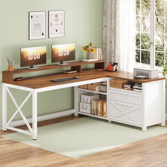 SEDETA L-Shaped Desk with Power Outlets & LED Lights for Home Office, Large Computer Desk with Monitor Stand & Storage Drawer & File Drawer, Farmhouse Corner Computer Desk with 5 Open Shelves, White