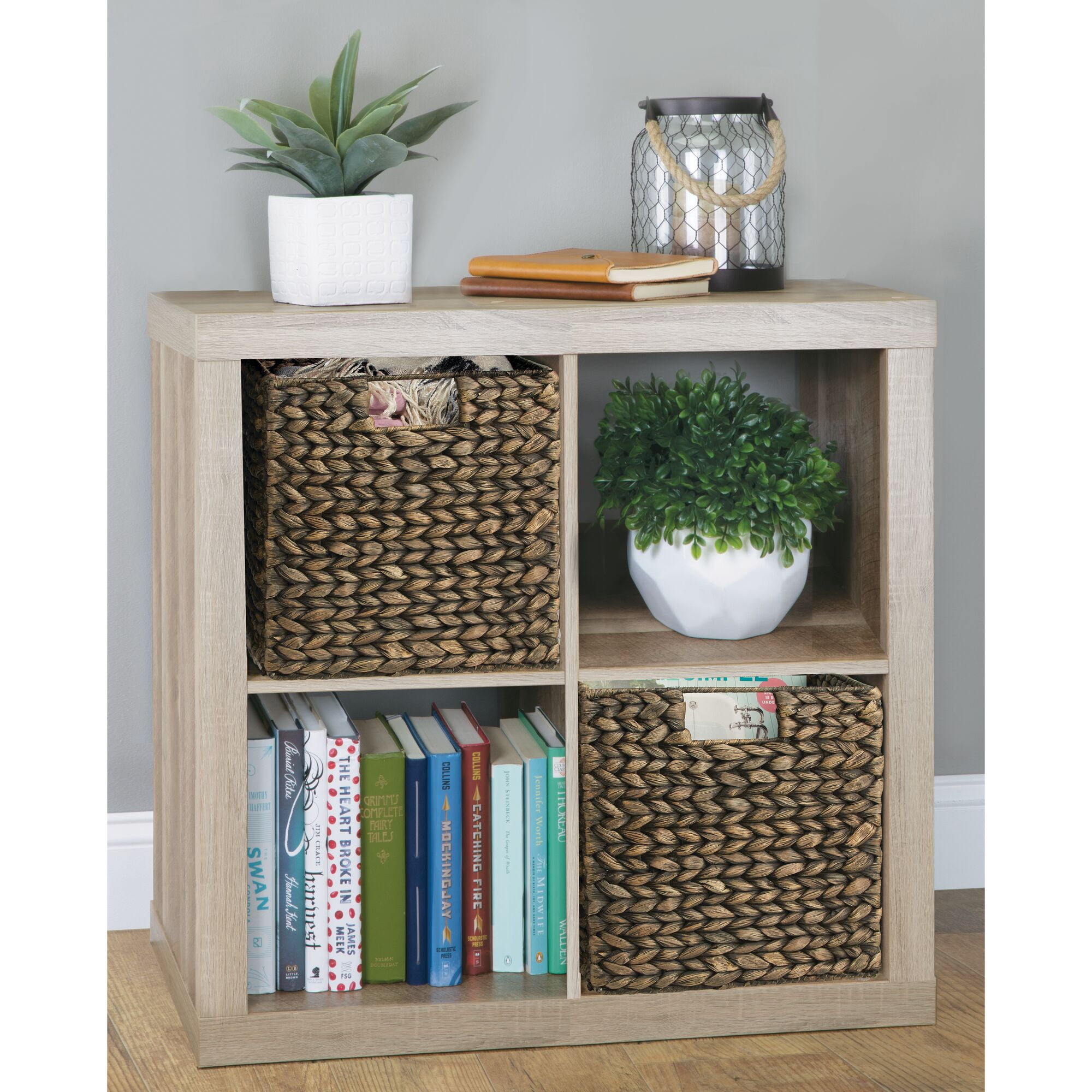 mDesign Hyacinth Woven Cube Bin Basket Organizer, Handles, 2 Pack, Black Wash