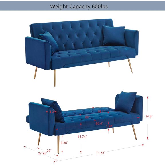 Modern Velvet Sofa Bed Futon with 2 Pillows, Convertible Sleeper Couch, Folding Recliner Loveseat with Golden Metal Legs for Living Room, Apartment, Office (Blue)