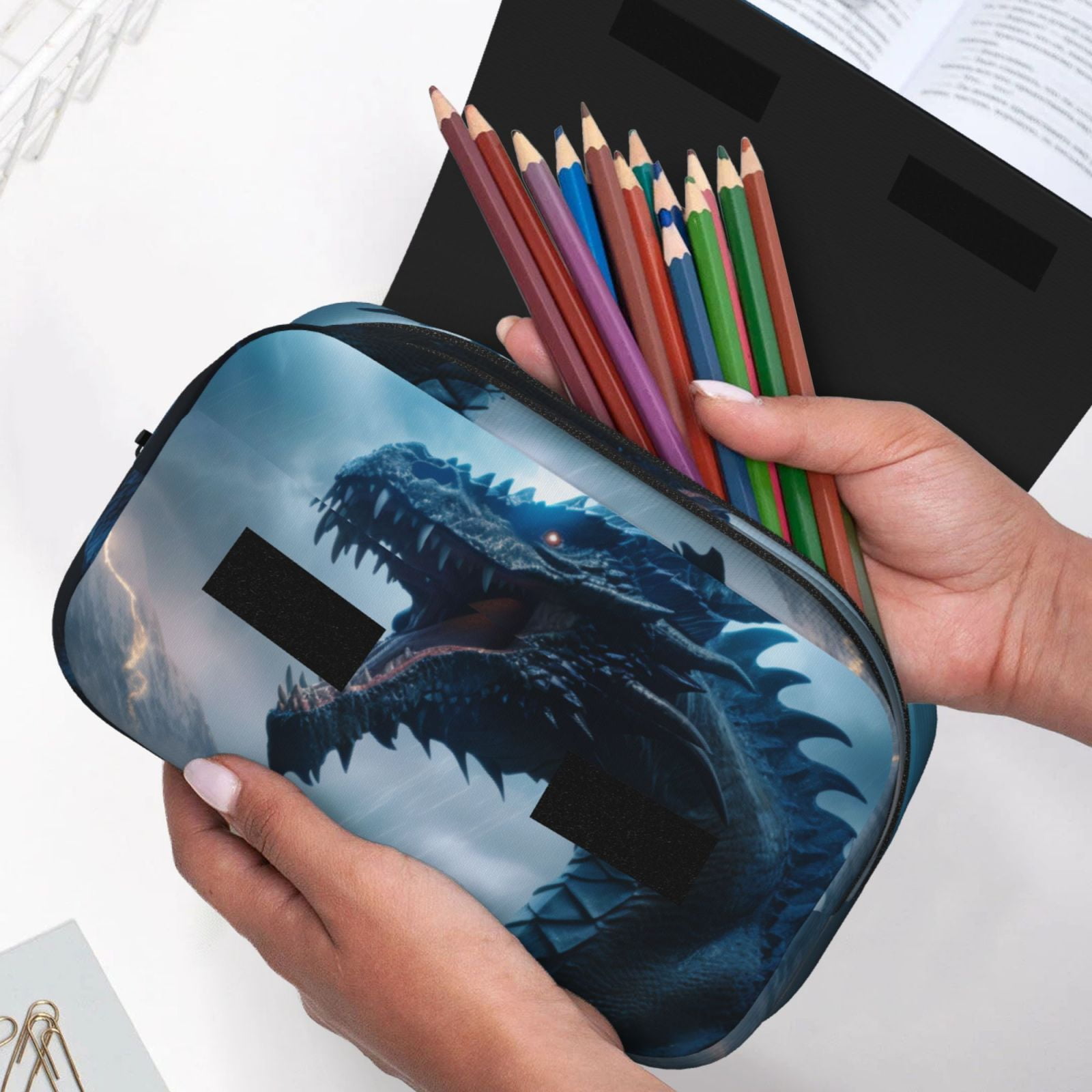 Rateoe Blue Thunder Storm Dragon Pattern Double Clamshell Pen Case, Storage Organizer with Two Zipper Compartments– Holds Up to 50 Pencils & Pens