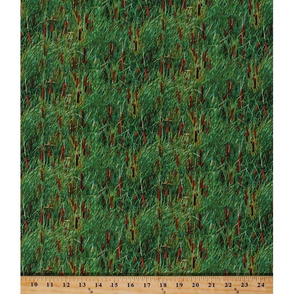 Cotton Cattails Bulrushes Grass Landscape Medley Nature Scenic Green Cotton Fabric Print by the Yard (424Green)
