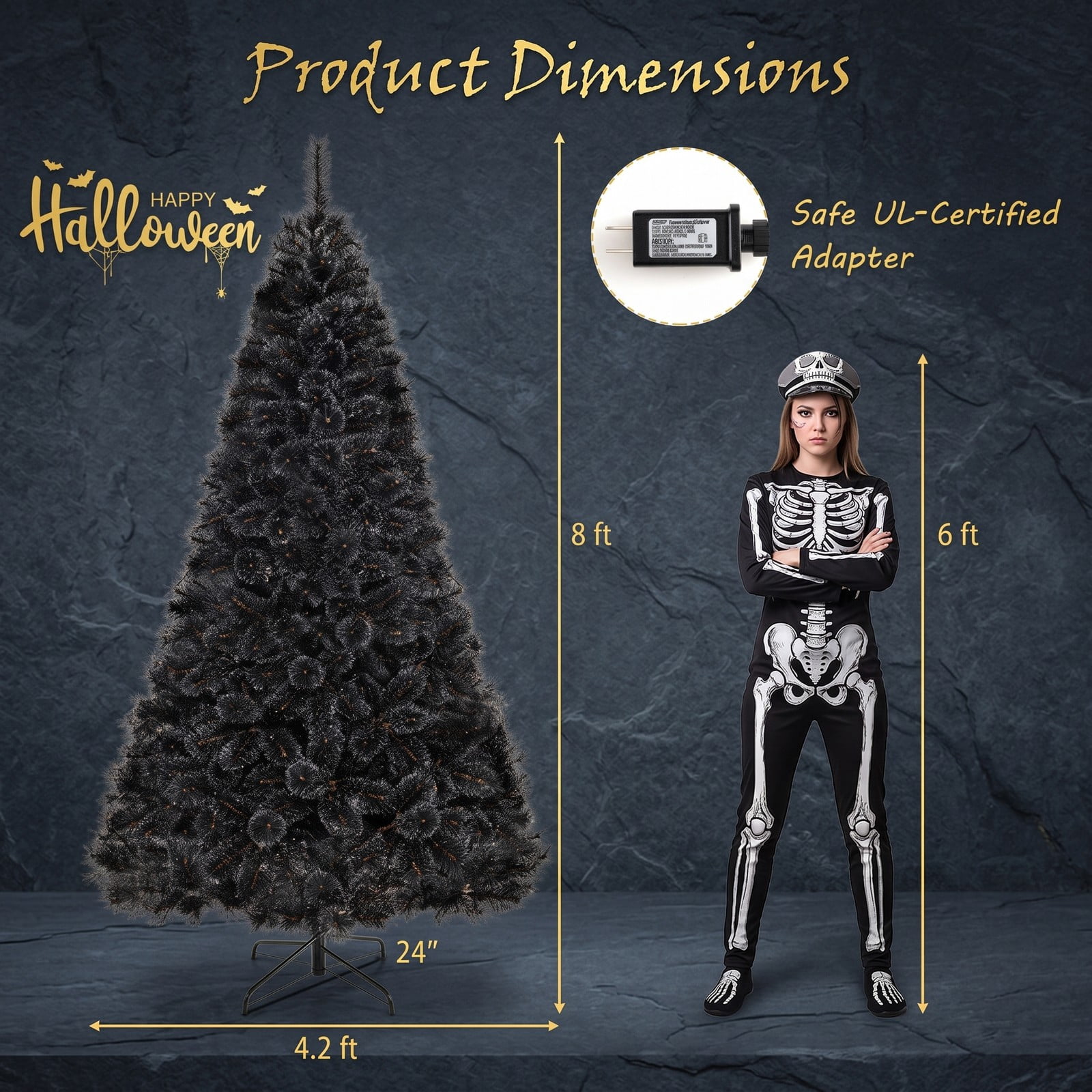 RUIE 6/7/8 FT Pre-Lit Black Artificial Christmas Halloween Tree with 210/320/450 Cool White LED Lights, PVC Hinged Branches, 3-Section Metal Base, Black