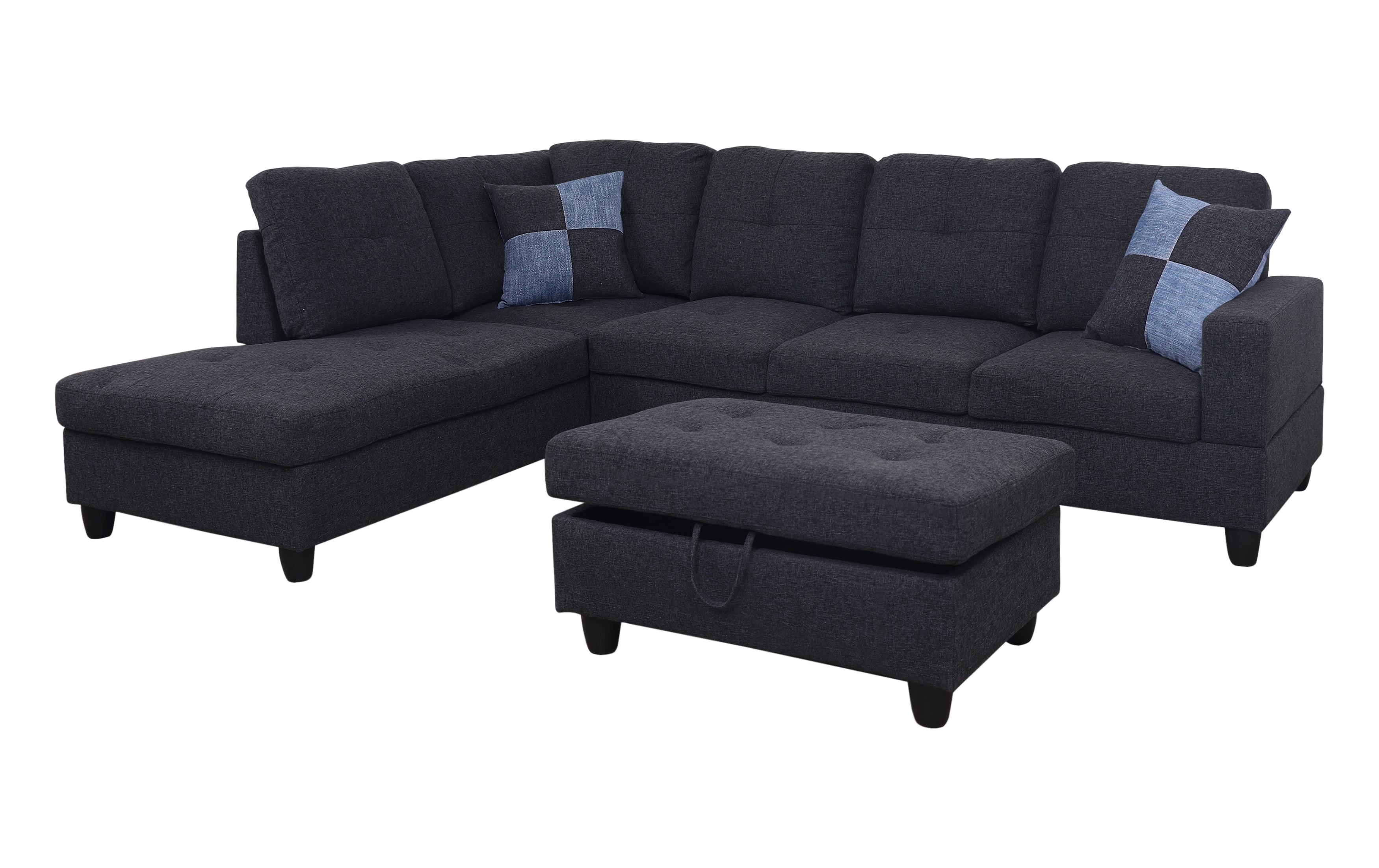 ForU Furnishing Dark Gray Linen Sectional Sofa, Left Facing Chaise, 74