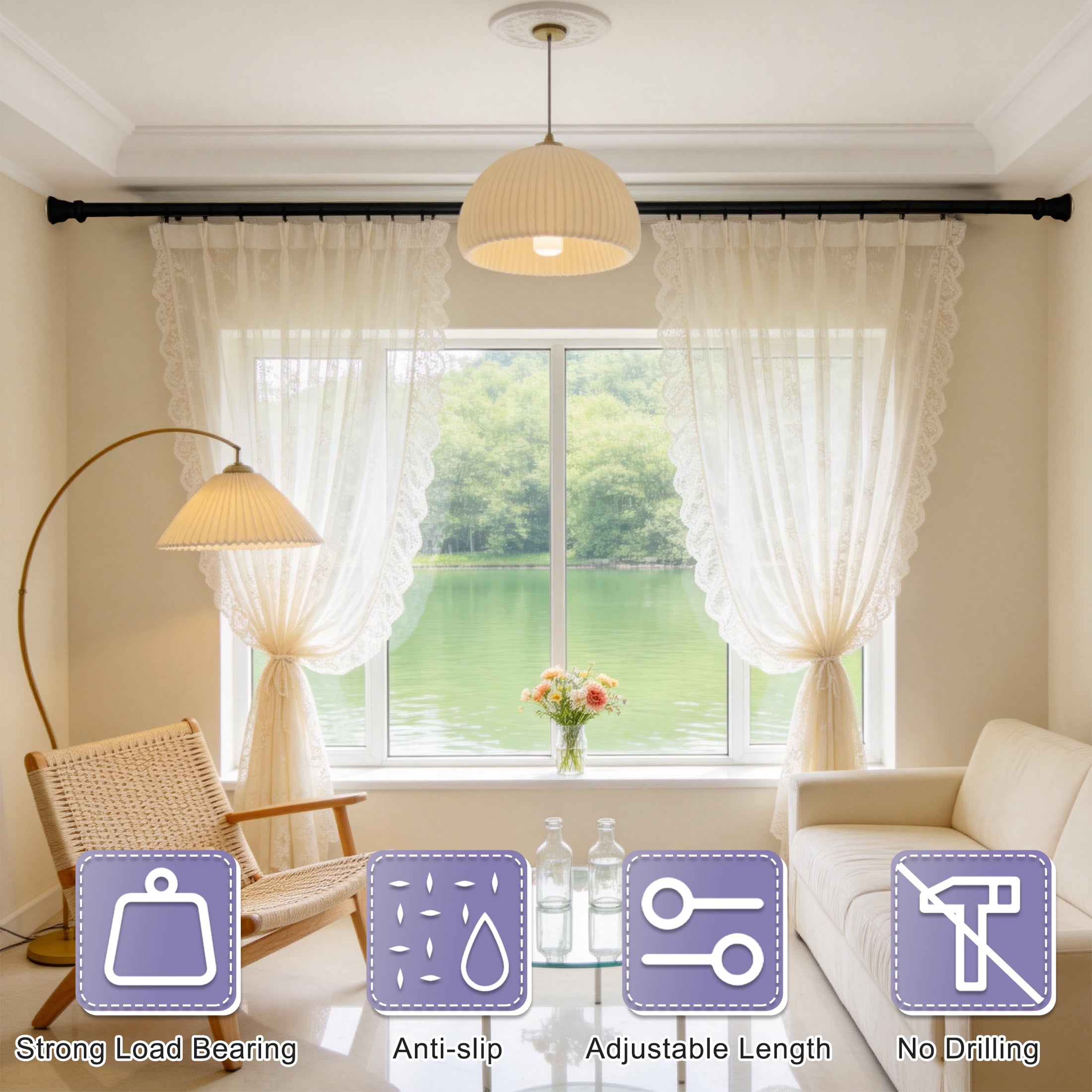 42"-72" Adjustable Tension Curtain Rod, No Drill Black Shower Curtain Rod, Tension Bar for Bathroom Shower Window Closet